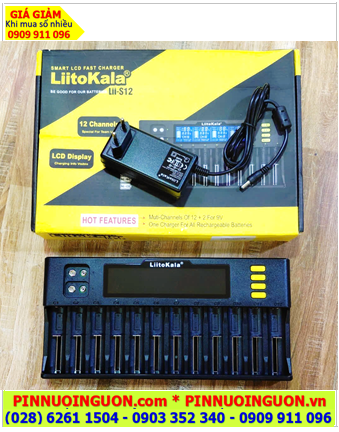 LiitoKala Lii-S12 Máy 12 khe sạc từ 01-12viên Pin AA, AAA, 18650, 21700, 26650, 18350, CR123A...(Lithium, NiMh) chính hãng